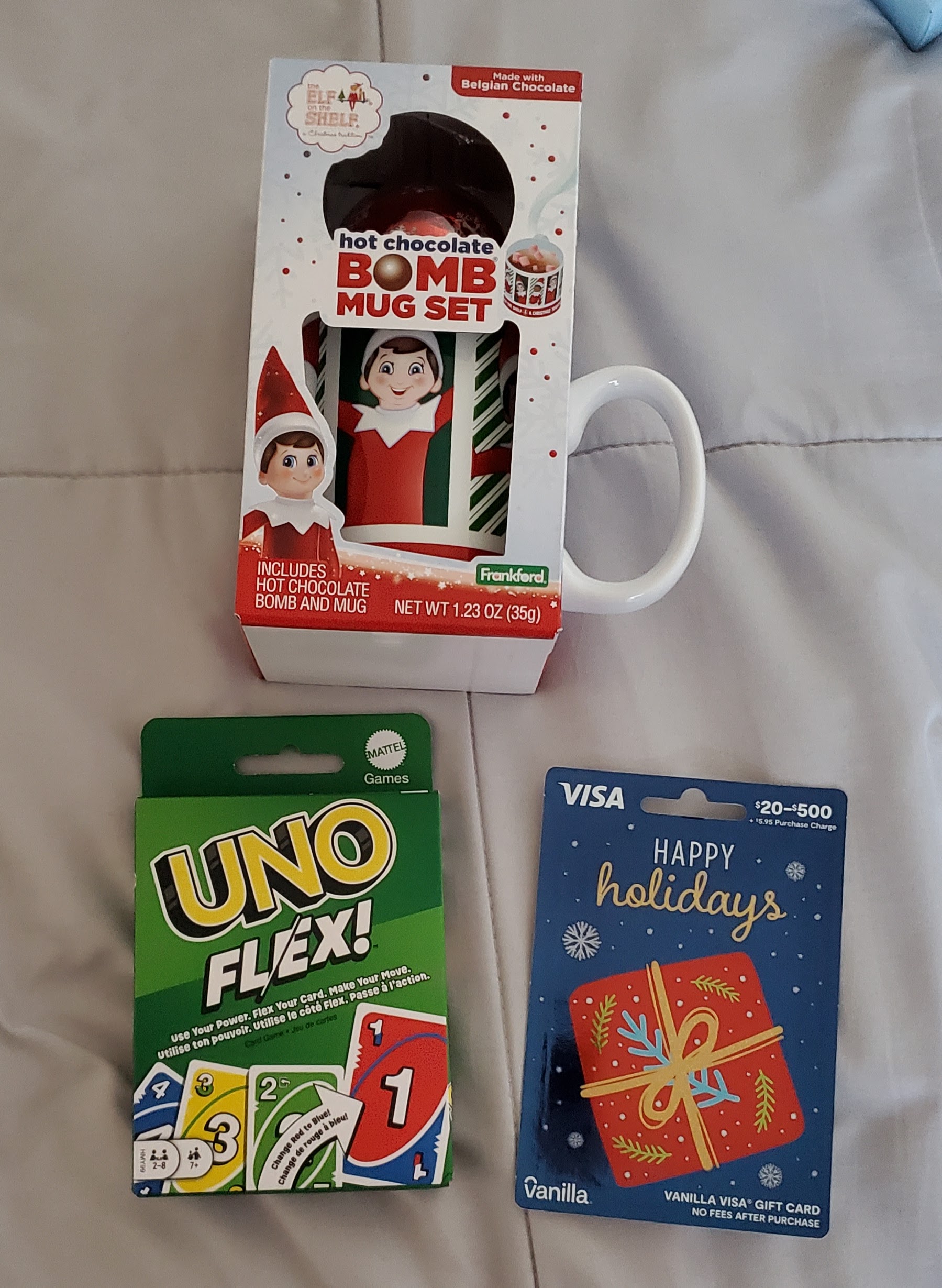 Uno, mug, and gift card